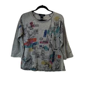 Ali Miles Gray Manhattan City Art to Wear Graphic Shirt Womens Size PM Petite